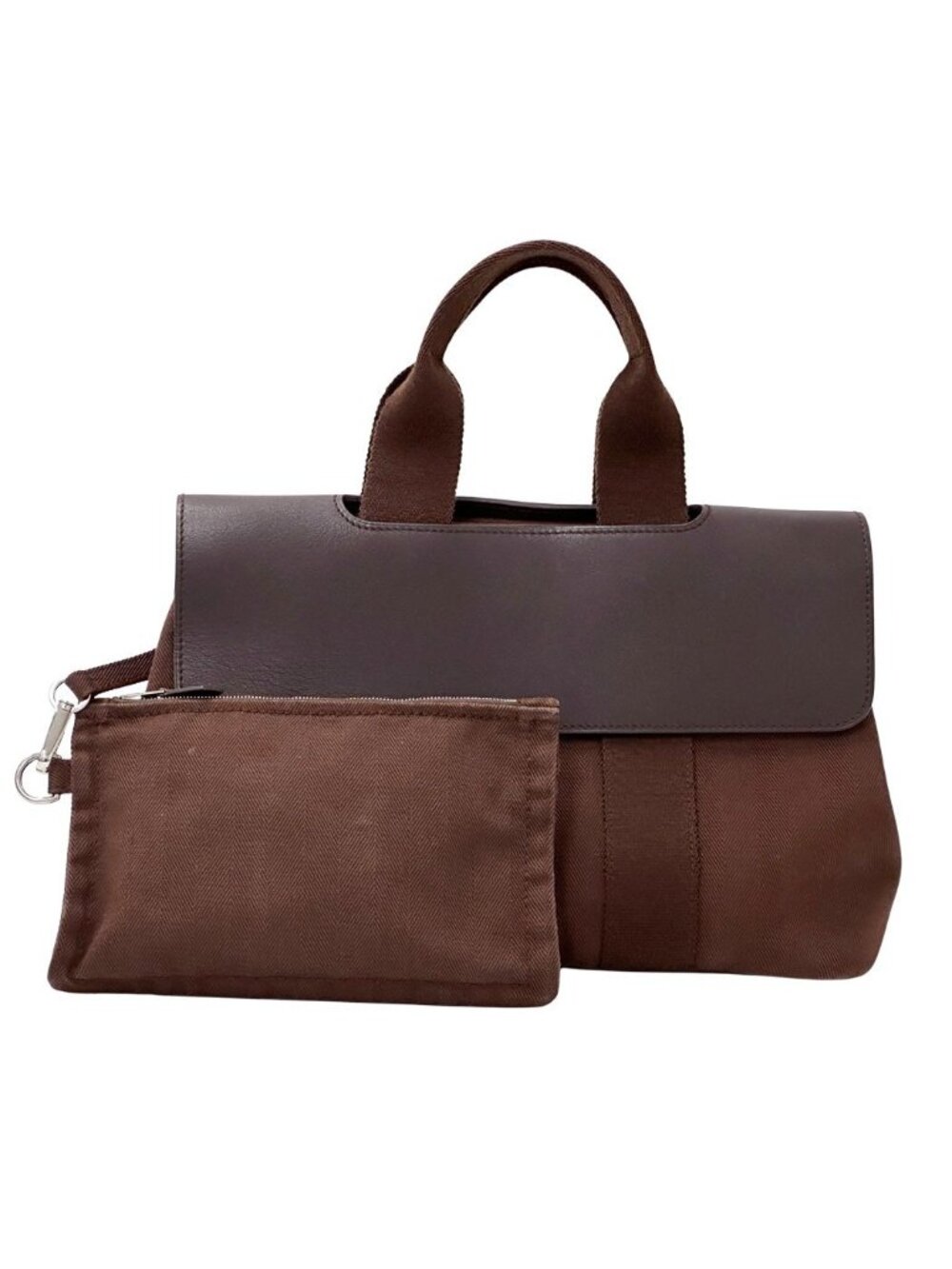 Hermes Valparaiso PM Canvas Handbag Brown Silver Compact Pouch Logo